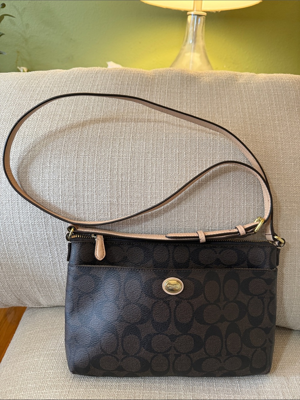 Coach Dark Brown Signature Crossbody with Tan Trim